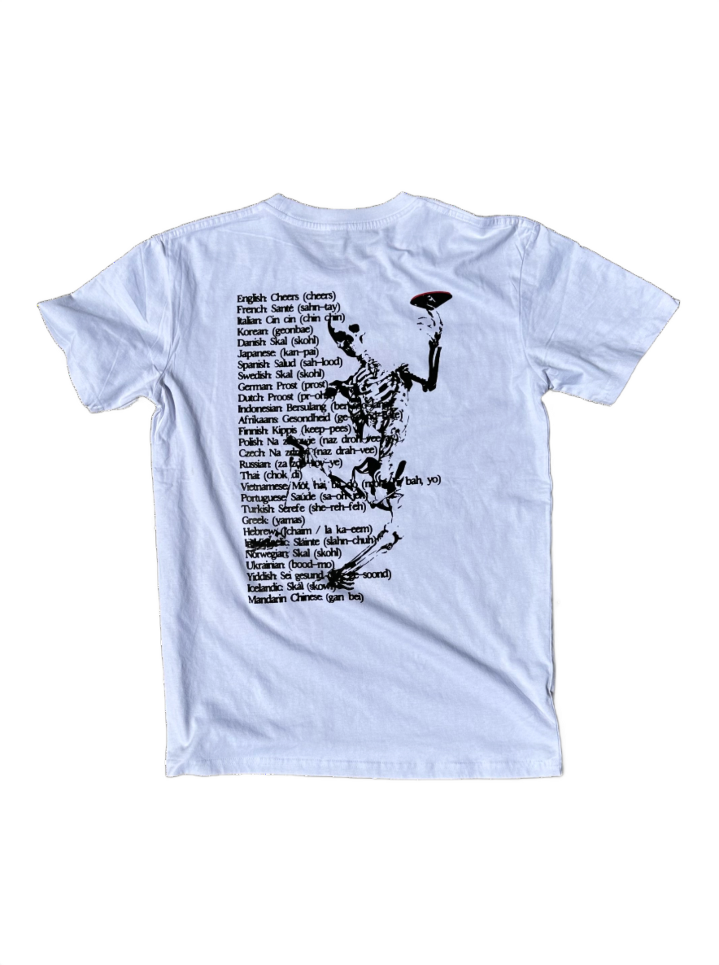 cheers worldwide white t-shirt, tshirt, 100% cotton, skeleton, martini, beer, cheers, soft, durable, gritty, ryde worldwyde, ride worldwide, summer, beach, california, HB