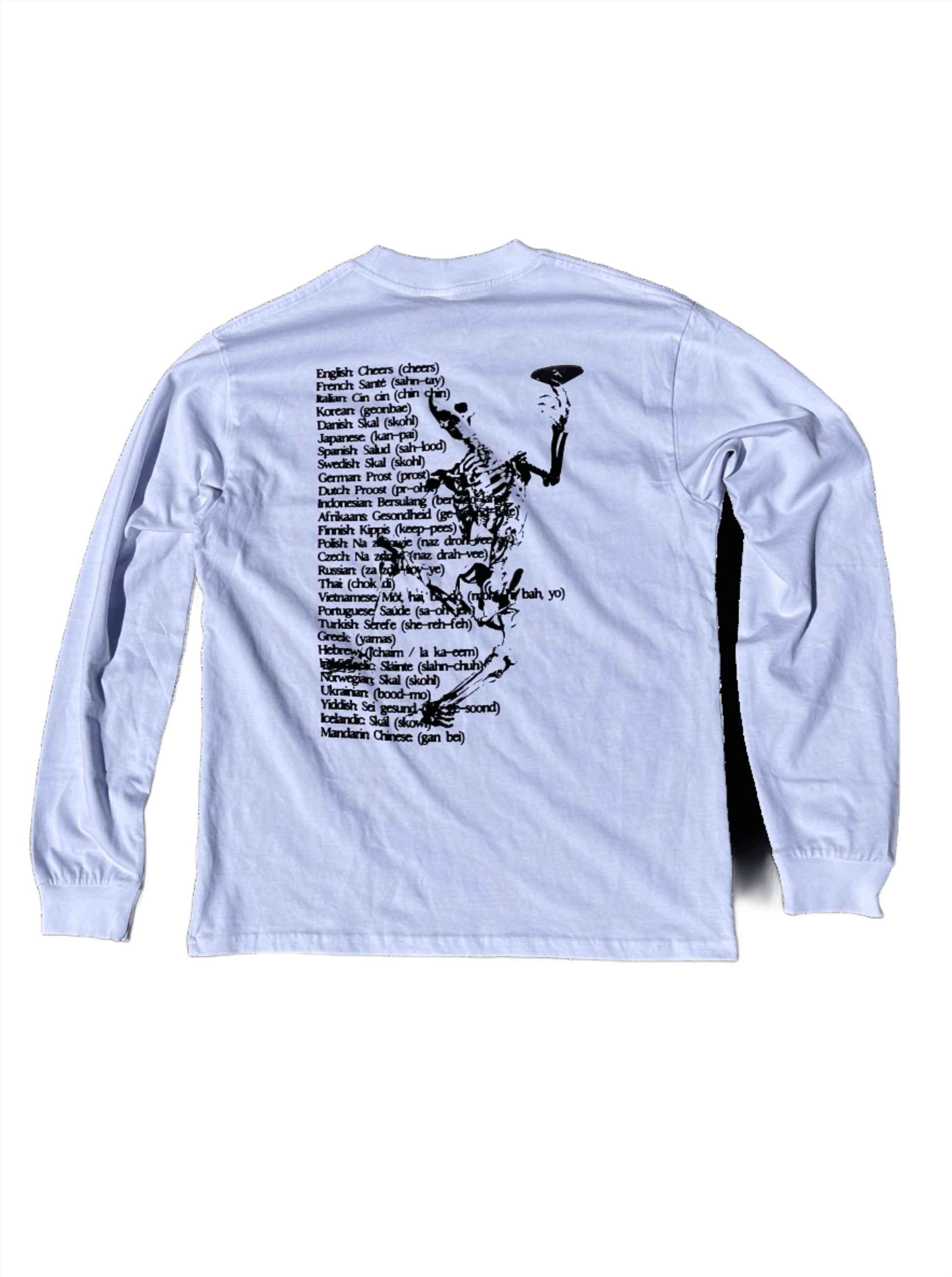 cheers to ryde worldwyde longsleeve t-shirt with skeleton raising cocktail glass white black and red