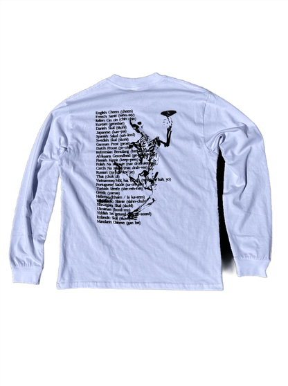 cheers to ryde worldwyde longsleeve t-shirt with skeleton raising cocktail glass white black and red